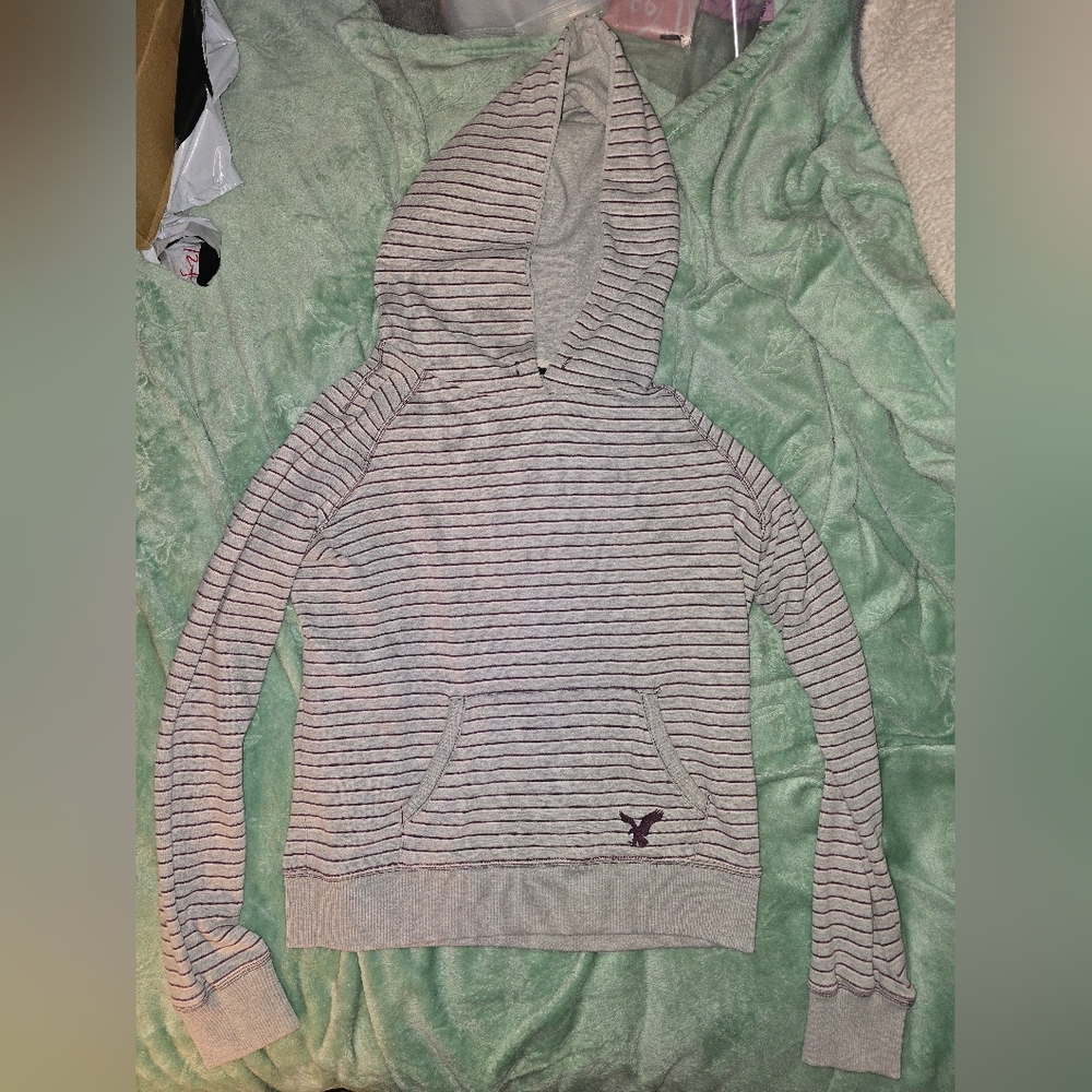 American Eagle Outfitters Women's Striped Hoodie Sweater - Gray